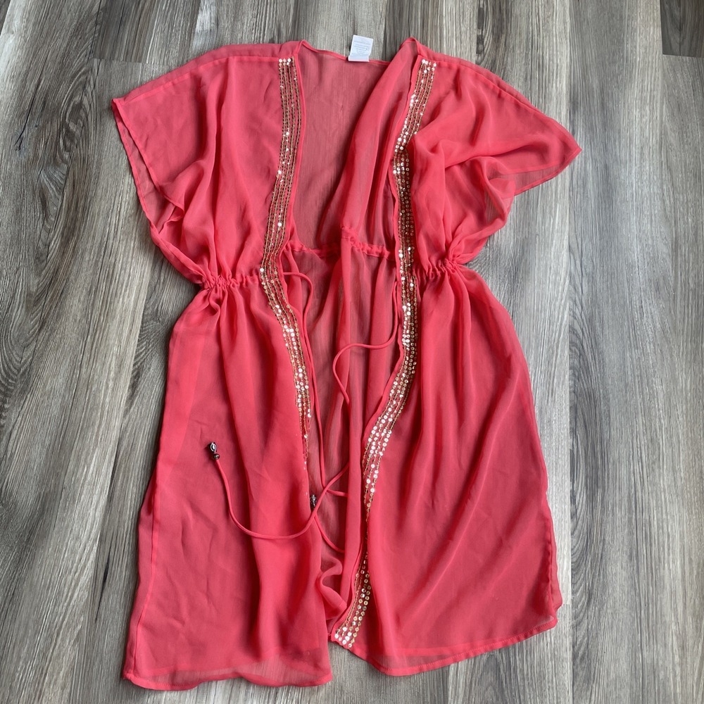 2000's Y2K Coral‎ Pink Sequined Cover Up Shrug Kimono Sheer One Size Adjustable